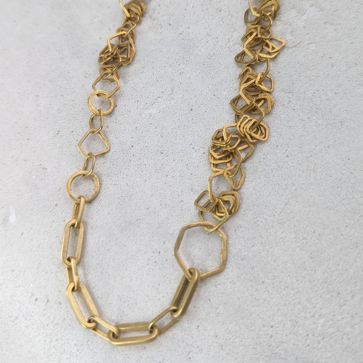 BEA JARENO Indian Summer 24ct yellow gold plated necklace with irregular link sections with Aqua cab on clasp