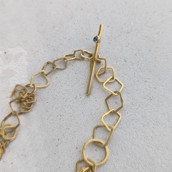 BEA JARENO Indian Summer 24ct yellow gold plated necklace with irregular link sections with Aqua cab on clasp