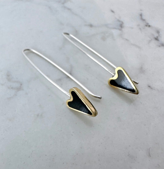 STORY AND STAR -  Heart Shaped Brass/Black Resin Drop Earrings