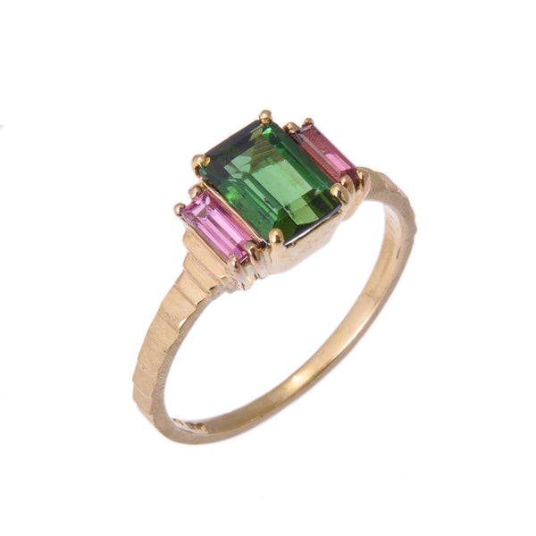 KATHARINE DANIEL- Stepping Out Green and Pink Tourmaline Ring, 14ct Yellow Gold