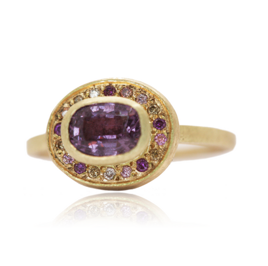 RACHEL JONES - Pink Sapphire Halo Ring, 9ct Yellow Gold with coloured diamonds