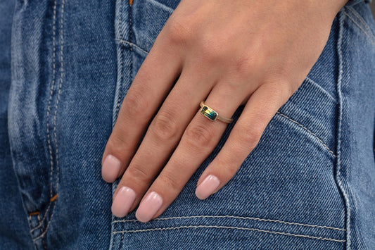RACHEL JONES - Mini Emerald Cut Parti Sapphire Ring 18ct yellow gold and 18ct white gold
