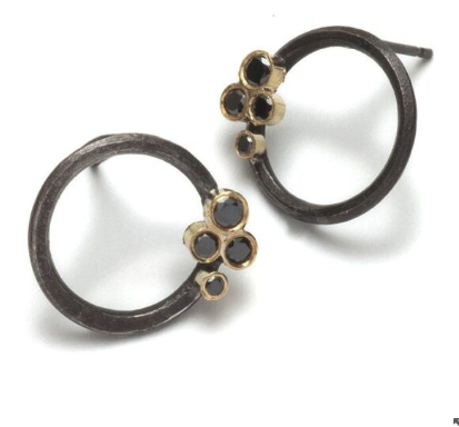 SHIMARA CARLOW - Oxidised silver hoop studs with black diamonds