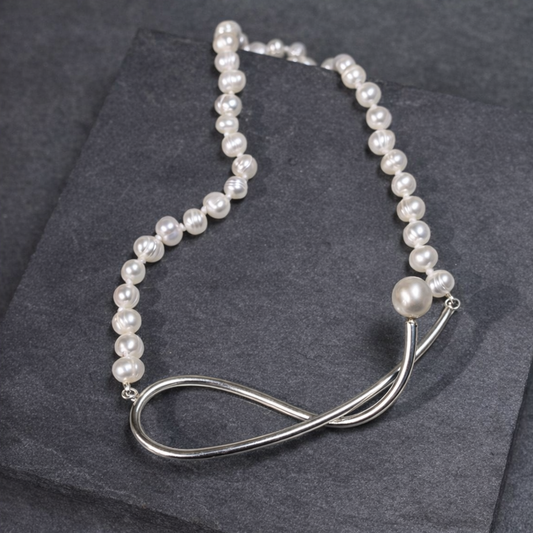 ANNE MORGAN - Athena Swoop Sterling Silver Necklace on Pearls