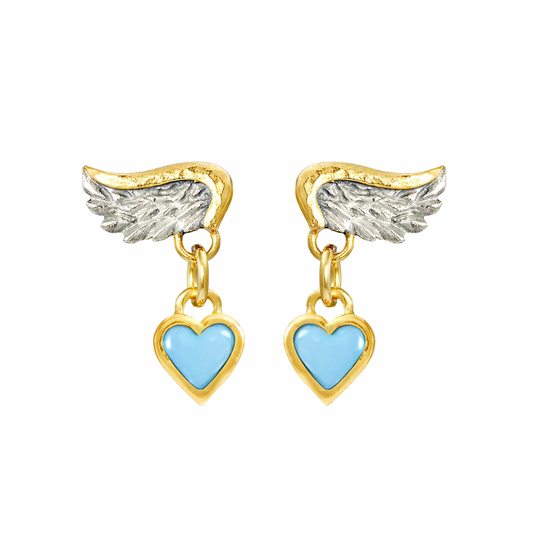 SOPHIE HARLEY - Venetian Wing and Blue Enamel Heart Drop Earrings