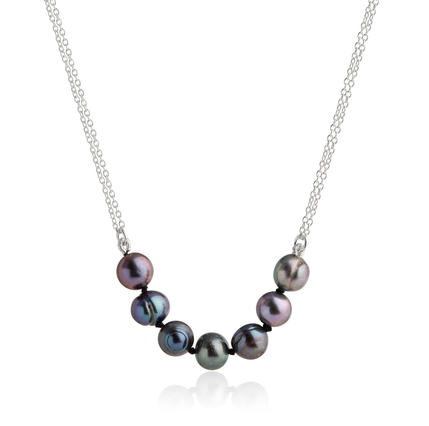 ANNE MORGAN - Half moon 7 peacock pearl necklace with sterling silver double chain 16''