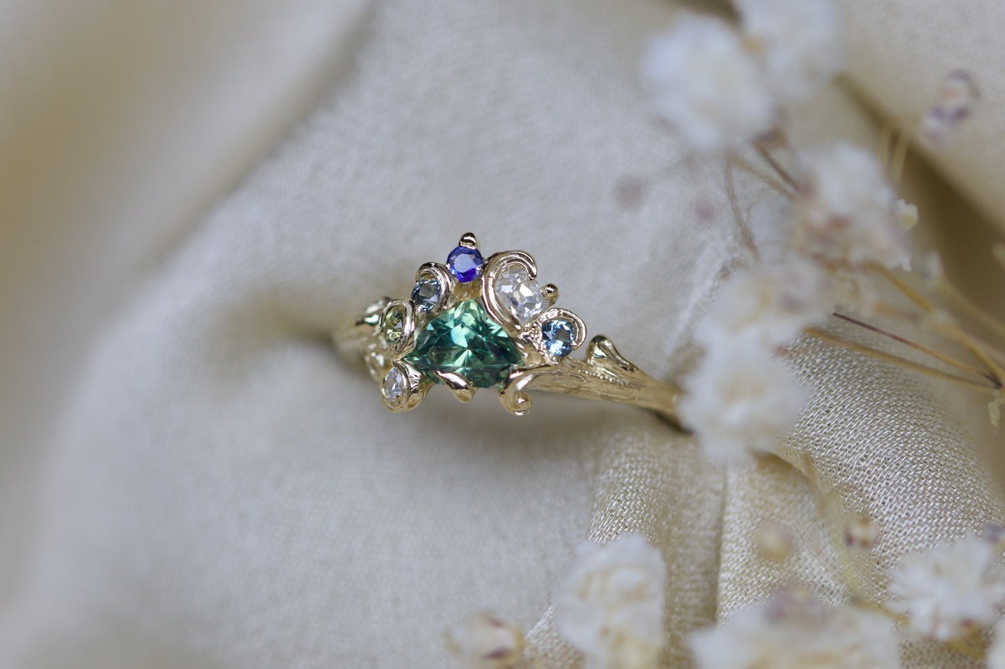CHARLOTTE ROWENNA - Fae Cluter Ring with 0.86ct Sea Foam Sapphire, 4 Sapphires and 2 Old Cut Diamonds - 9ct Yellow Gold, Size I1/2