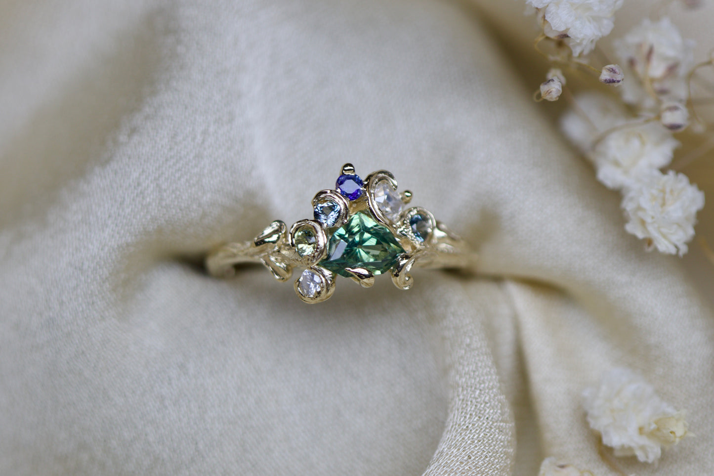 CHARLOTTE ROWENNA - Fae Cluter Ring with 0.86ct Sea Foam Sapphire, 4 Sapphires and 2 Old Cut Diamonds - 9ct Yellow Gold, Size I1/2