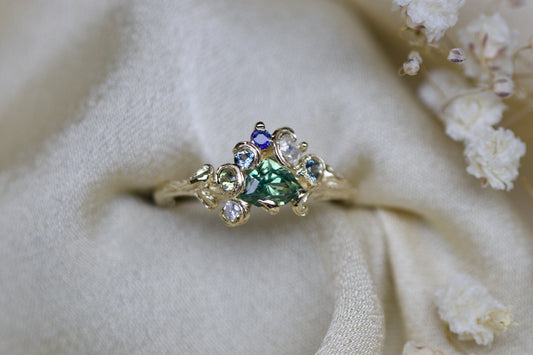 CHARLOTTE ROWENNA - Fae Cluter Ring with 0.86ct Sea Foam Sapphire, 4 Sapphires and 2 Old Cut Diamonds - 9ct Yellow Gold, Size I1/2