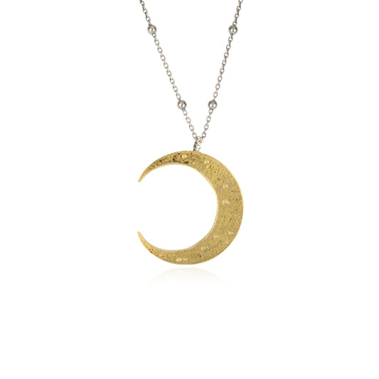 MOMOCREATURA- Large Crescent Moon Ball Chain Necklace - Silver x Yellow Gold Plated 