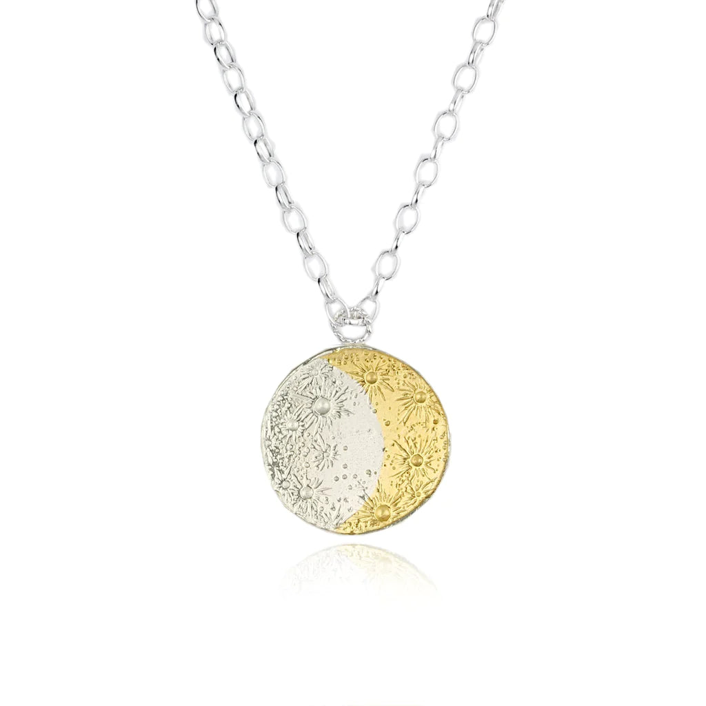 MOMOCREATURA-  Large Gold Crescent Moon & Sun Disc NL Silver x Yellw Gold Plated 50cm 