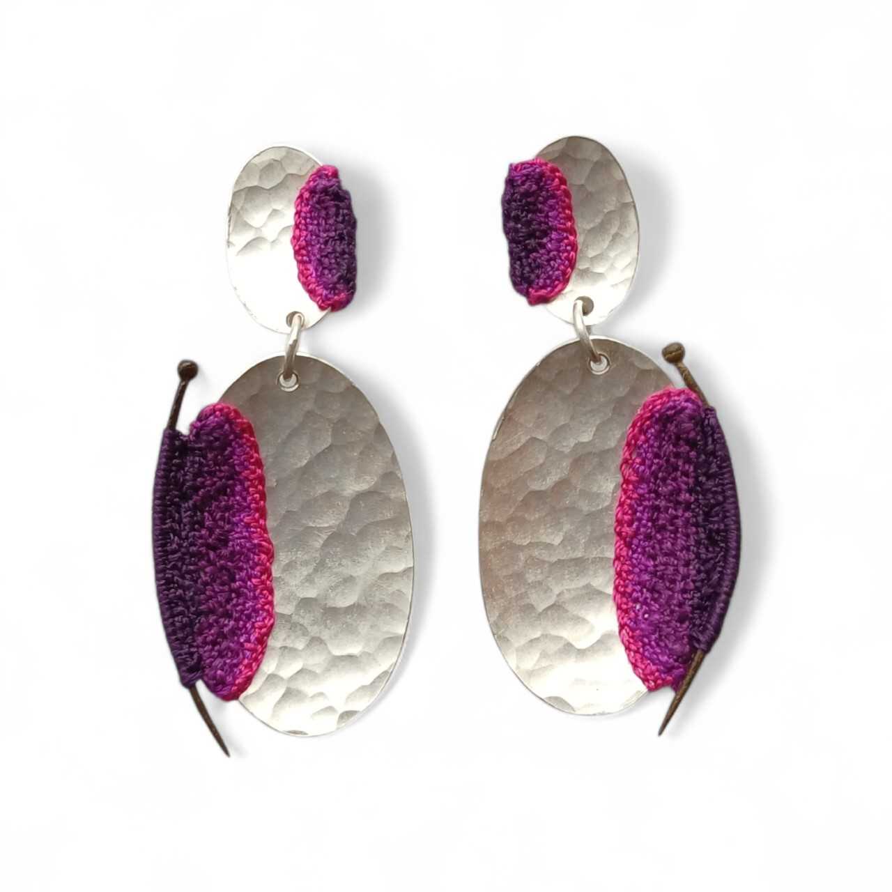 LIZ WILLIS - Mud Larked Pins - Silver & Hand Stitched Silk Thread Drop Earrings