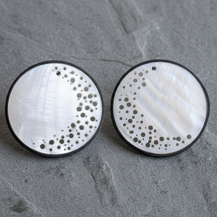 ANNE MORGAN - Mother of pearl errosion disc stud earrings oxidised